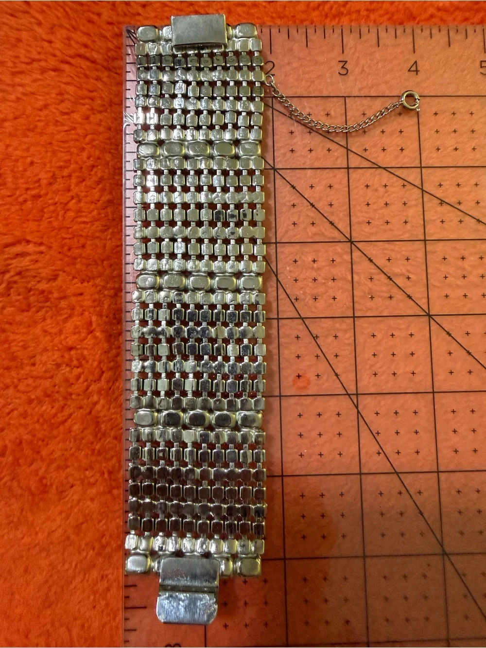 Vintage Rhinestone Wide Cuff Bracelet Clear Crystal Emerald Cut Safety Chain